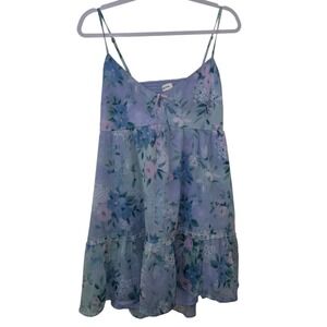 Hollister Floral Babydoll Dress Blue Purple Chiffon Tiered Strappy Size Large